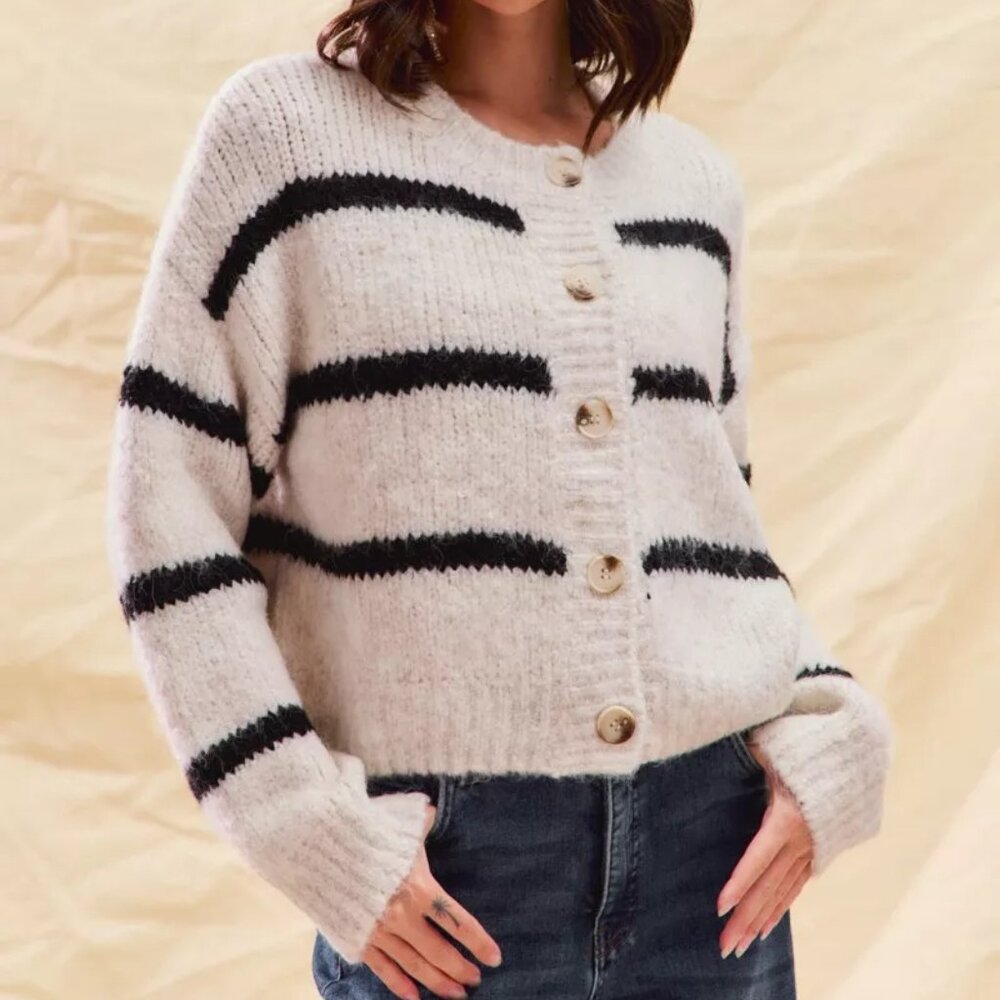 SO ME Stripe Soft Touch Button Cozy Sweater‎ Cardigan